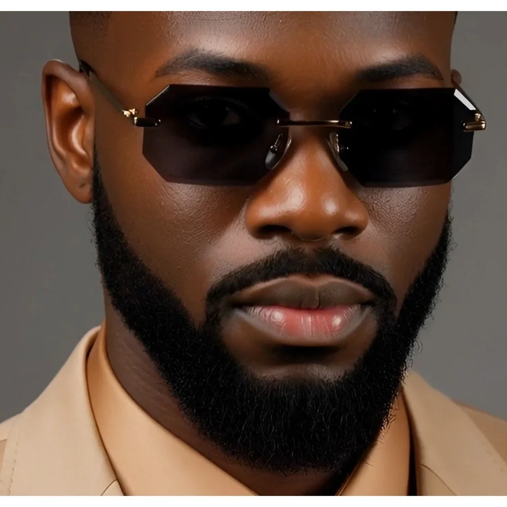 Rimless Sunglasses Dark Black‎ Lens Gold UV400 Protect Men Fashion Trendy Shades